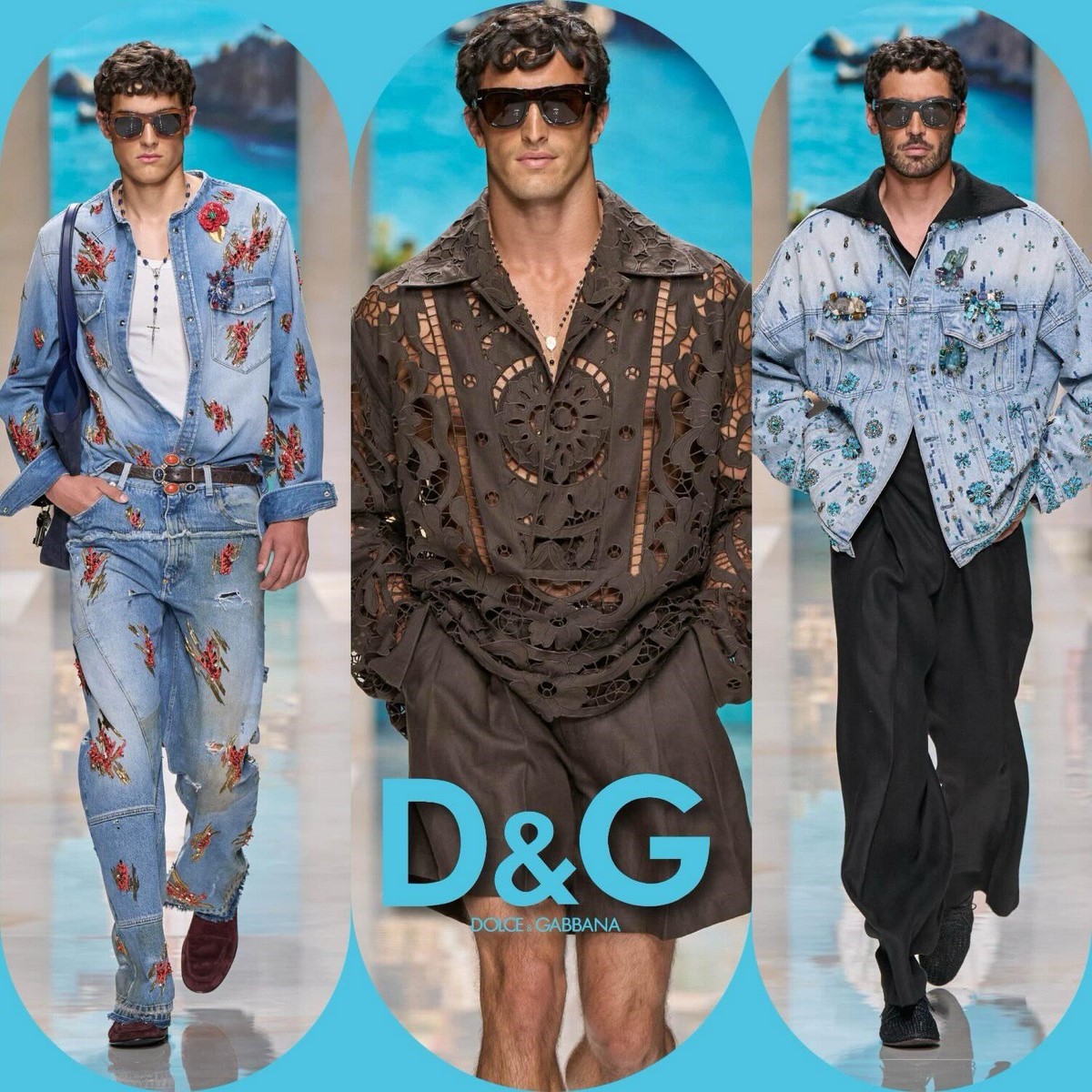 Три чоловічі образи Dolce & Gabbana з декорованим денімом, перфорованою сорочкою та джинсовою курткою з кольоровими аплікаціями