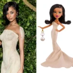 Tyla у сукні Balmain з ефектом піску поруч із колекційною лялькою Bratz