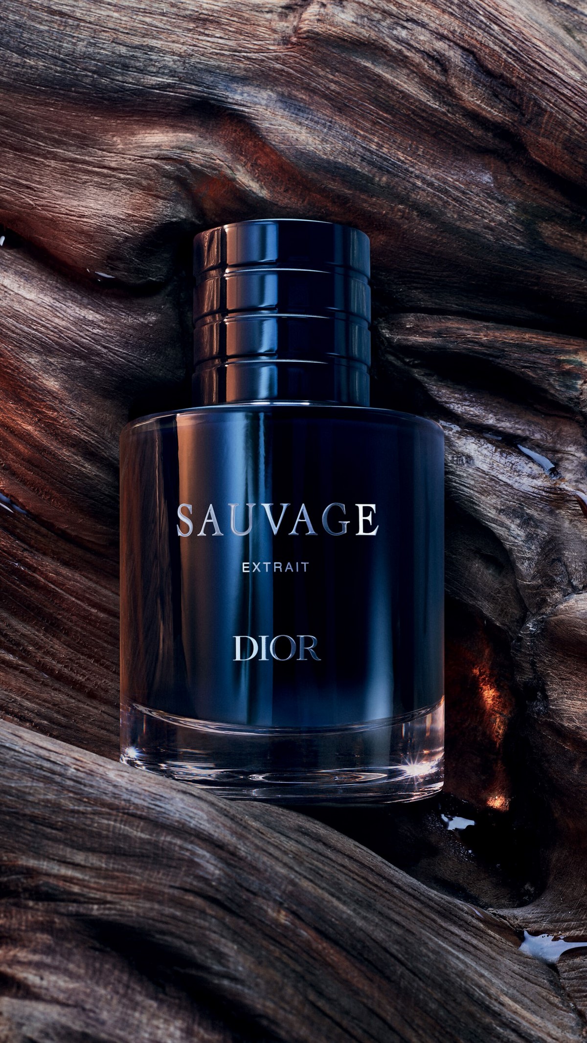 Флакон Dior Sauvage Extrait серед темної удової деревини
